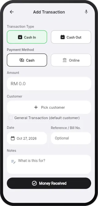 Skrin Tambah Transaksi dalam TambahTolak dengan pilihan Wang Masuk atau Wang Keluar, tunai atau online