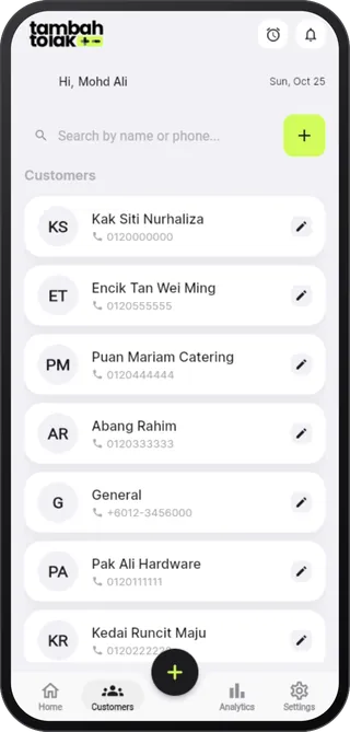 Senarai pelanggan dalam app TambahTolak