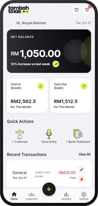 Skrin utama app TambahTolak menunjukkan baki bersih, kredit dan debit bulan ini